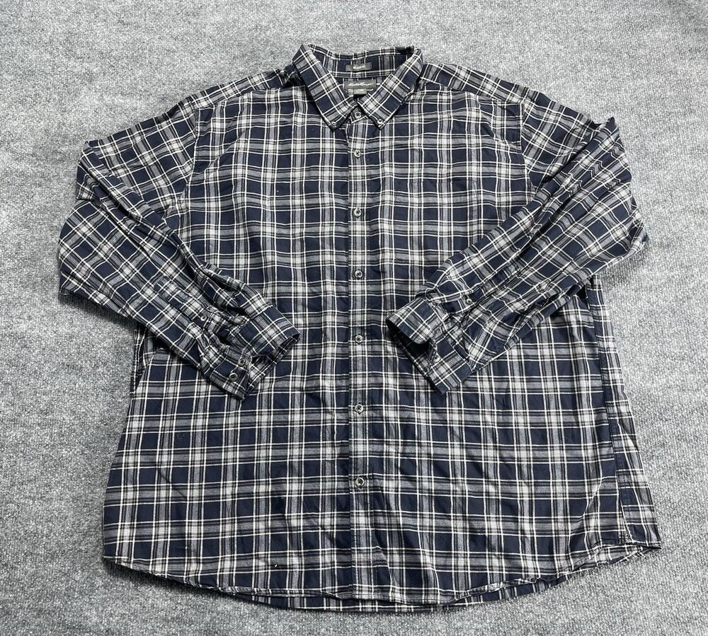 Eddie Bauer Mens Button Down Plaid Shirt 2XL Blue white Long Sleeves Relaxed Fit